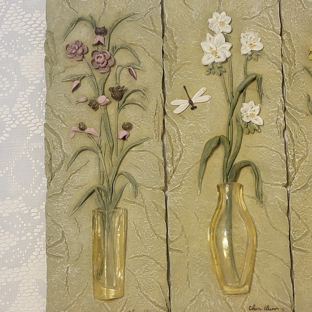 Vintage Cheri Blum Signed 3D Floral Wall Art Plaques Set of 4 Raised Flowers